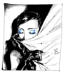 Rule 34 | 1girl, black gloves, blue eyeshadow, closed eyes, commentary, curtains, dated, emma (veil), eyelashes, eyeshadow, gloves, kotteri, makeup, parted hair, partially colored, simple background, solo, symbol-only commentary, upper body, veil (manga)