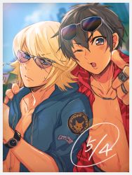 Rule 34 | &gt; o, 2boys, :o, ace of diamond, blonde hair, blue eyes, brown eyes, brown hair, closed mouth, eyewear on head, hand on another&#039;s shoulder, jewelry, looking at viewer, male focus, multiple boys, multiple rings, necklace, okumura koushuu, one eye closed, open clothes, open mouth, open shirt, potechi norisio, ring, sawamura eijun, shirt, short hair, sunglasses, toned, toned male, upper body, watch, wristwatch