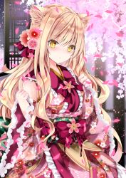 Rule 34 | 1girl, :&lt;, animal ear fluff, animal ears, bare shoulders, blonde hair, blush, breasts, cat ears, center frills, closed mouth, commentary request, detached sleeves, floral print, frills, hair between eyes, hands up, highres, indoors, japanese clothes, kimono, long hair, long sleeves, looking at viewer, medium breasts, nanase kureha, nanase nao, nose blush, obi, original, petals, pinching sleeves, pink kimono, print kimono, sash, sleeveless, sleeveless kimono, sleeves past wrists, solo, very long hair, wide sleeves, window, yellow eyes