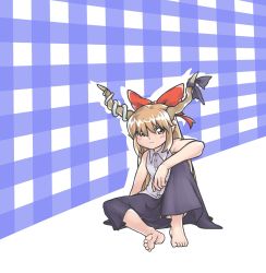 Rule 34 | 1girl, arm rest, barefoot, blush, bow, breasts, brown eyes, brown hair, brown horns, buttons, closed mouth, collared shirt, commentary, drop shadow, english commentary, full body, grid background, gummuru, hair between eyes, hair bow, highres, horn bow, horn ornament, horns, ibuki suika, looking at viewer, pointy ears, purple bow, purple skirt, red bow, shirt, sitting, skirt, sleeveless, sleeveless shirt, small breasts, smile, solo, touhou, white background, white shirt