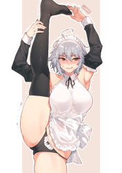 Rule 34 | ahoge, alternate costume, armpits, bikini, blush, breasts, dress, fate/grand order, fate (series), grey hair, highres, jeanne d&#039;arc (fate), jeanne d&#039;arc alter (avenger) (fate), jeanne d&#039;arc alter (fate), jjune, large breasts, leg lift, looking to the side, maid, maid bikini, maid headdress, panties, simple background, solo, split, spread legs, standing, standing on one leg, standing split, swimsuit, thighhighs, thighs, unconventional maid, underwear