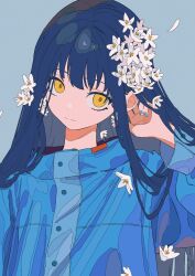 1girl adjusting_hair analogous_colors blue_background blue_coat blue_hair blue_nails blue_raincoat blue_theme blunt_bangs buttoned_cuffs buttons closed_mouth coat dark_blue_hair dot_nose facing_viewer falling_flower falling_petals fingernails flower hair_flower hair_ornament hair_over_shoulder hand_up head_tilt highres hime_cut light_smile limited_palette long_hair looking_afar original petals raincoat sideways_glance simple_background simple_flower solo spot_color straight_hair tareme tsukii_(t_s_u_k_i_i) very_long_hair white_flower white_petals white_theme wide-eyed yellow_eyes