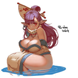 Rule 34 | 1girl, bare shoulders, blush, breasts, cleavage, copyright request, hair ornament, large breasts, long hair, looking at viewer, pandea work, pointy ears, purple hair, red eyes, sitting, smile, solo, water
