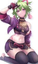 Rule 34 | 1girl, absurdres, arm up, black shirt, black shorts, black thighhighs, breasts, commentary request, crop top, cropped jacket, genshin impact, green hair, hair between eyes, hand up, highres, jacket, kirima (user danf8787), kneeling, kuki shinobu, looking at viewer, midriff, navel, open clothes, open jacket, parted lips, purple eyes, purple jacket, shirt, short hair, short shorts, shorts, simple background, small breasts, solo, stomach, thighhighs, thighs