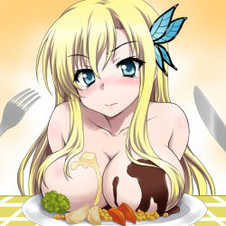 Rule 34 | 10s, 1girl, blonde hair, blue eyes, blush, boku wa tomodachi ga sukunai, breast rest, breasts, breasts on tray, butterfly hair ornament, censored, convenient censoring, female focus, food on body, fork, hair ornament, kashiwazaki sena, knife, large breasts, long hair, nude, peter (artist), solo, tears, topless frame, tray, upper body