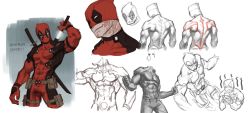 Rule 34 | 1boy, abs, anatomy, arm up, art study, back, belt, belt buckle, belt pouch, buckle, closed mouth, costume, covered abs, covered navel, deadpool, deadpool (series), dosol, eating, english text, food, gloves, highres, holding, holding food, holding sword, holding weapon, katana, male focus, marvel, mask, no pupils, pouch, red gloves, scabbard, sheath, sheathed, simple background, sketch, smile, solo, superhero costume, sword, tearing up, topless male, unsheathing, weapon, weapon on back, white background