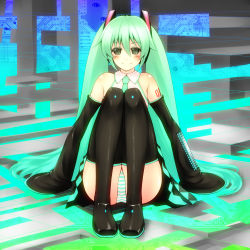 Rule 34 | 1girl, detached sleeves, female focus, full body, green eyes, green hair, hatsune miku, long hair, matching hair/eyes, necktie, panties, sitting, skirt, solo, striped clothes, striped panties, thighhighs, tro, twintails, underwear, vocaloid