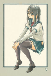 Rule 34 | 10s, 1girl, black hair, black thighhighs, glasses, highres, hip vent, kantai collection, long hair, necktie, okerabi asura, ooyodo (kancolle), raised eyebrows, sitting, sketch, solo, thighhighs, thighs