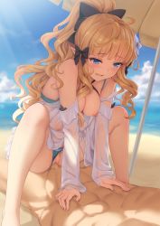 Rule 34 | 1boy, 1girl, alpha (alpha91), aqua bikini, bare shoulders, beach, beach umbrella, bikini, bikini bottom aside, bikini pull, black bow, blonde hair, blue eyes, blush, bow, breasts, breasts out, censored, clothes pull, clothing aside, collarbone, cowgirl position, day, dress, elf, girl on top, gown, hair bow, head out of frame, hetero, highres, layered bikini, long hair, long sleeves, medium breasts, mosaic censoring, nipples, open mouth, penis, pointy ears, ponytail, princess connect!, pussy, saren (princess connect!), see-through, sex, sidelocks, solo focus, spread legs, straddling, swimsuit, umbrella, upright straddle, vaginal