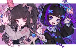 Rule 34 | 2girls, :3, artist name, backpack, bag, bandaid on wrist, black bow, black hair, blue nails, blunt bangs, bow, cable, candy, cellphone, charger, choker, closed mouth, crossed bandaids, drill hair, facial mark, fake nails, fang, food, game console, gradient nails, hair bow, hair ornament, halo, heart, heart in eye, highres, holding, holding candy, holding food, holding lollipop, holding phone, jewelry, jirai kei, letterboxed, lollipop, long hair, long sleeves, looking at viewer, multicolored hair, multiple girls, nail art, nail polish, nail polish brush, open mouth, original, ornate ring, outside border, phone, photo (object), pill hair ornament, pink bow, pink eyes, pink nails, plaid, plaid bow, puffy long sleeves, puffy sleeves, purple choker, purple eyes, purple hair, ring, rotated, short hair, signature, streaked hair, symbol-shaped pupils, symbol in eye, tira 27, twin drills, twitter username, two-tone hair, upper body, wifi symbol, x-shaped pupils, x hair ornament