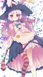 Rule 34 | 1girl, absurdres, albino, animal ears, apron, blue bow, blue bowtie, bow, bowtie, commentary request, damao (kiwa777), dress, feet out of frame, frilled apron, frills, hat, hat bow, highres, holding, irisu kyouko, irisu shoukougun!, juliet sleeves, long hair, long sleeves, looking at viewer, multicolored background, parted lips, patchwork clothes, pink dress, puffy sleeves, rabbit ears, red eyes, single thighhigh, solo, striped clothes, striped thighhighs, thighhighs, white hair, witch hat