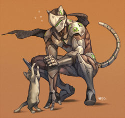 Rule 34 | 1boy, adapted costume, animal, animal ears, arm support, armor, artist name, bad id, bad pixiv id, black hair, bodysuit, brown background, cat, cat ears, cat tail, cat teaser, cyborg, floating hair, flying sweatdrops, full body, genji (overwatch), hage2013, helmet, holding, long hair, male focus, overwatch, overwatch 1, playing, ponytail, power armor, sae (revirth), simple background, squatting, tail