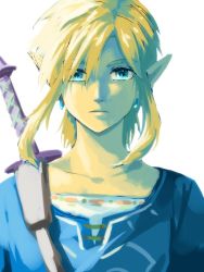 Rule 34 | 1boy, asymmetrical bangs, bad id, bad twitter id, blonde hair, blue eyes, collarbone, earrings, expressionless, jewelry, link, looking at viewer, male focus, medium hair, nintendo, pointy ears, saiba (henrietta), shirt, shoulder strap, simple background, solo, sword, the legend of zelda, the legend of zelda: breath of the wild, upper body, weapon, white background