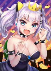 Rule 34 | 1girl, :d, armlet, bare shoulders, blue eyes, blunt bangs, blush, bowsette, bowsette (cosplay), bracelet, breasts, cleavage, collar, collarbone, commentary request, cosplay, crown, diagonal stripes, fangs, food, hair ornament, highres, jewelry, kabosu (anna neji), kaguya luna, large breasts, looking at viewer, mario (series), nail polish, new super mario bros. u deluxe, nintendo, open mouth, orange nails, short hair, shrimp, shrimp tempura, silver hair, smile, solo, spiked armlet, spiked bracelet, spiked collar, spikes, striped, striped background, super crown, tempura, the moon studio, twintails, virtual youtuber, x hair ornament