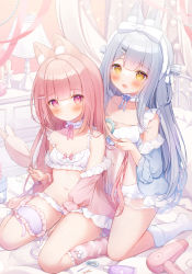 Rule 34 | 2girls, :d, animal ears, animal print, bed, between legs, blue hair, blue ribbon, blush, bow, commentary request, hair between eyes, hair bow, hair brush, hair dryer, hair ornament, hairclip, hairdressing, highres, holding, holding mirror, indoors, lampshade, mirror, multiple girls, navel, omochi monaka, open mouth, original, partial commentary, pink eyes, pink hair, pink ribbon, rabbit, rabbit ears, rabbit print, ribbon, signature, sitting, smile, thighs, underwear, wariza, yellow eyes