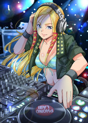 Rule 34 | 1girl, bikini, bikini top only, blonde hair, blue eyes, breasts, cleavage, crop top, dj, front-tie top, headphones, isami nozomi, jacket, lens flare, lips, long hair, navel, open clothes, open shirt, original, phonograph, shiny skin, shirt, smile, solo, striped bikini, striped clothes, swimsuit, turntable, wristband