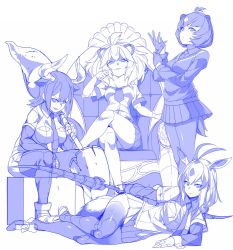 Rule 34 | &gt;:d, 10s, 4girls, :d, adjusting clothes, adjusting gloves, ahoge, animal, animal ears, antenna hair, antlers, arabian oryx (kemono friends), arm support, aurochs (kemono friends), bear ears, bear tail, between breasts, blue theme, breasts, closed mouth, cow ears, fur collar, gazelle ears, gloves, highres, holding, holding staff, horns, japanese black bear (kemono friends), kemono friends, kokka han, large breasts, layered sleeves, leaning forward, crossed legs, lion (kemono friends), lion ears, long hair, long sleeves, looking at viewer, lying, medium breasts, miniskirt, monochrome, multicolored hair, multiple girls, necktie, necktie between breasts, on side, open mouth, over shoulder, panties, pantyhose, pantyshot, pleated skirt, purple theme, serious, shirt, short hair, short sleeves, simple background, sitting, skirt, smile, staff, tail, thighhighs, thighs, throne, underwear, upskirt, v-shaped eyebrows, weapon, weapon over shoulder, white background, wing collar, wrist cuffs, zettai ryouiki