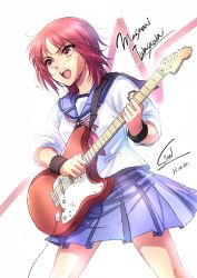 Rule 34 | 10s, 1girl, angel beats!, artist name, character name, dated, guitar, instrument, iwasawa masami, open mouth, playing instrument, red eyes, red hair, school uniform, serafuku, short hair, signature, sion (laterna magica), sleeves rolled up, solo, sweat