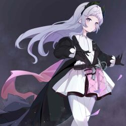 Rule 34 | 1girl, absurdres, ammunition belt, arknights, black cape, black dress, black gloves, blush, bright pupils, cape, cowboy shot, dress, gloves, grey eyes, grey hair, gun, handgun, head wings, highres, irene (arknights), long hair, long sleeves, looking at viewer, multicolored clothes, multicolored dress, pantyhose, pink dress, pink ribbon, ribbon, solo, sword, twilight (cgkk4357), weapon, white dress, white pantyhose, white pupils, wind, wings