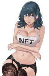 Rule 34 | 1girl, bare shoulders, black shorts, black thighhighs, blue eyes, blue hair, breasts, byleth (female) (fire emblem), byleth (fire emblem), camisole, cleavage, clothes writing, collarbone, fire emblem, fire emblem: three houses, garter straps, highres, j@ck, large breasts, looking at viewer, medium hair, nintendo, open mouth, short shorts, shorts, simple background, solo, thighhighs, white background, white camisole