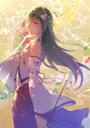 Rule 34 | 1girl, absurdres, arm ribbon, backlighting, blue skirt, breasts, cr, detached sleeves, floral background, frog hair ornament, gohei, green hair, hair ornament, hair tubes, hand up, highres, kochiya sanae, light, light particles, long hair, long skirt, looking at viewer, looking to the side, midriff, oonusa, profile, ribbon, skirt, small breasts, smile, snake hair ornament, solo, touhou, very long hair, wide sleeves, yellow eyes