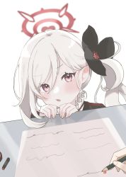 Rule 34 | 1girl, artist request, black flower, blue archive, flower, frills, grey hair, hair ornament, halo, highres, looking at viewer, mutsuki (blue archive), open mouth, paper, pencil, pointy ears, purple eyes, side ponytail, simple background, teacher