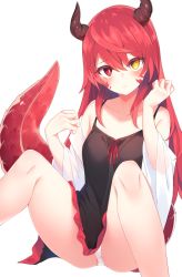 Rule 34 | 1girl, bare shoulders, black camisole, blush, camisole, collarbone, commentary request, commission, dragon tail, feet out of frame, hair between eyes, heterochromia, highres, horns, long hair, looking at viewer, off shoulder, open clothes, open shirt, original, otokuyou, panties, pantyshot, pixiv commission, red eyes, red hair, scales, shirt, simple background, sitting, sleeveless, solo, spaghetti strap, tail, underwear, white background, white panties, white shirt, wide sleeves, yellow eyes
