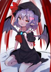 Rule 34 | :d, absurdres, alternate color, ascot, bat wings, black hat, black shirt, black skirt, commentary request, fang, full body, hat, hat ribbon, highres, kyuu cat, looking at viewer, mob cap, open mouth, pointy ears, purple hair, red ascot, red eyes, red ribbon, remilia scarlet, ribbon, seiza, shirt, short hair, sitting, skin fang, skirt, smile, touhou, wings
