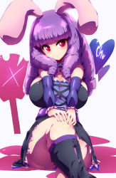 Rule 34 | 10s, 1girl, animal ears, blush, breast suppress, breasts, chuchu (show by rock!!), cleavage, commentary request, crossed legs, curvy, dress, drill hair, huge breasts, kneehighs, large breasts, long hair, looking at viewer, purple hair, rabbit ears, red eyes, ringlets, show by rock!!, sitting, smile, socks, solo, thick thighs, thighs, tokyo (great akuta), v arms
