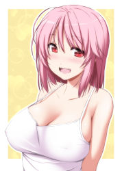 Rule 34 | 1girl, :d, bare shoulders, blush, border, breasts, camisole, cleavage, commentary request, hair between eyes, heart, highres, large breasts, lens flare, looking at viewer, no headwear, nori tamago, open mouth, outline, outside border, pink hair, red eyes, saigyouji yuyuko, short hair, sidelocks, simple background, smile, solo, spaghetti strap, sparkle, touhou, upper body, white border, yellow background