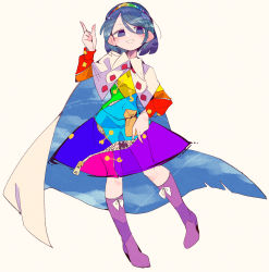 Rule 34 | blue eyes, blue hair, boots, cape, dress, full body, hairband, highres, knee boots, massakasama, multicolored clothes, multicolored dress, multicolored hairband, pointing, pointing down, pointing up, purple footwear, rainbow gradient, red button, shoes, sky print, smile, solo, tenkyuu chimata, touhou, two-sided cape, two-sided fabric, white cape, zipper