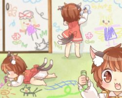 Rule 34 | 1girl, :3, :d, all fours, animal, animal ears, barefoot, blonde hair, bow, brown eyes, brown hair, cat, cat ears, cat tail, chen, chen (cat), child&#039;s drawing, crayon, fang, flower, fourth wall, grass, hat, ibaraki natou, long sleeves, multiple persona, multiple tails, nekomata, on floor, open mouth, short hair, smile, tail, touhou, two tails, yakumo ran, yakumo yukari, aged down