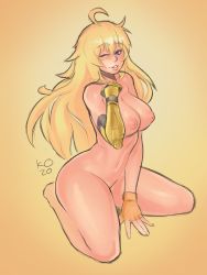 Rule 34 | 1girl, ahoge, blonde hair, breasts, fingerless gloves, gloves, highres, large breasts, long hair, looking at viewer, navel, nipples, npczoey, nude, parted lips, prosthesis, prosthetic arm, purple eyes, rwby, simple background, sitting, smile, solo, stomach, thighs, wariza, wink, yang xiao long, yellow background