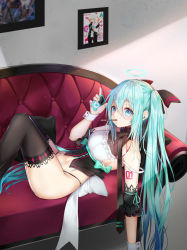 Rule 34 | 1girl, absurdres, aqua eyes, aqua hair, black necktie, black thighhighs, blue nails, breasts, commentary, couch, dasima, digital media player, earbuds, earphones, food, hair between eyes, halo, hatsune miku, heart, heart-shaped pupils, highres, indoors, long hair, looking at viewer, medium breasts, mouth hold, nail polish, navel, necktie, number tattoo, pocky, reclining, shoulder tattoo, solo, symbol-shaped pupils, tattoo, thighhighs, twintails, very long hair, vocaloid, wrist cuffs