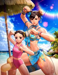 Rule 34 | 2girls, beach, bikini, blue bikini, blue choker, blue nails, blue sarong, breasts, brown eyes, brown hair, capcom, child, choker, chun-li, clenched hands, day, double bun, fighting stance, fingernails, flower, front-tie bikini top, front-tie top, hair bun, hair flower, hair ornament, hair ribbon, hibiscus, lens flare, li-fen, looking at viewer, medium breasts, mother and daughter, multiple girls, nail polish, navel, ocean, official alternate costume, official art, one-piece swimsuit, parted hair, parted lips, pink one-piece swimsuit, ribbon, sarong, short hair, street fighter, street fighter v, studded bracelet, swept bangs, swimsuit, teeth, the king of fighters all-stars, thick thighs, thighs, toned, upper teeth only