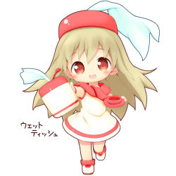 Rule 34 | 1girl, :d, aikei ake, blush, brown eyes, brown hair, chibi, dress, full body, hair between eyes, hat, highres, holding, long hair, looking at viewer, open mouth, original, outstretched arm, personification, red hat, red neckwear, shoes, simple background, sleeveless, sleeveless dress, smile, solo, standing, standing on one leg, translation request, very long hair, white background, white dress, white footwear