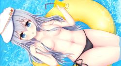 Rule 34 | 10s, 1girl, bikini, bikini bottom only, black bikini, blue eyes, breasts, collarbone, day, endsmall min, from above, hair between eyes, hair censor, hat, hibiki (kancolle), highres, holding, innertube, kantai collection, long hair, looking at viewer, navel, open mouth, outdoors, pool, side-tie bikini bottom, silver hair, small breasts, solo, swim ring, swimsuit, topfreedom, topless, verniy (kancolle), very long hair, visor cap, water, white hat