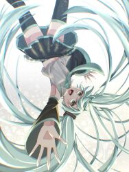Rule 34 | 1girl, aqua eyes, aqua hair, aqua necktie, armpit crease, black skirt, black sleeves, dappled sunlight, detached sleeves, flat chest, floating, floating hair, grey shirt, hatsune miku, highres, long hair, looking at viewer, midriff peek, miniskirt, navel, necktie, open mouth, outstretched arms, shirt, sinin p, skirt, smile, solo, spread arms, sunlight, thighhighs, twintails, upside-down, very long hair, vocaloid, white background, zettai ryouiki