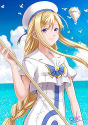 Rule 34 | 1girl, absurdres, alicia florence, aria (manga), aria company uniform, artist name, beret, bird, blonde hair, blue bow, blue bowtie, blue ribbon, blue sky, blurry, blurry background, bow, bowtie, braid, braided ponytail, collarbone, commentary request, cowboy shot, day, dress, floating island, gold trim, hair between eyes, hand up, hat, hat ribbon, highres, holding, holding oar, impossible clothes, impossible dress, long hair, looking at viewer, oar, ocean, outdoors, parted bangs, purple eyes, ribbon, sailor collar, seagull, short sleeves, sidelocks, signature, sky, smile, solo, standing, telaform, very long hair, white dress, white hat