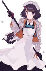 Rule 34 | 1boy, 1girl, alternate costume, apron, artist name, bad id, bad pixiv id, black gloves, commentary request, cup, dress, enmaided, fate/grand order, fate (series), gloves, hair ornament, heroic spirit festival outfit, holding, jacket, katsushika hokusai (fate), katsushika hokusai (festival outfit) (fate), long dress, long skirt, maid, maid apron, maid headdress, meloettta, mug, multicolored clothes, multicolored jacket, octopus, official alternate costume, orange jacket, purple gloves, purple hair, simple background, skirt, tokitarou (fate), two-tone gloves, two-tone jacket, white background, white jacket