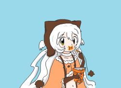 Rule 34 | 1girl, :i, aliasing, animal ears, blue background, brown gloves, capelet, cheetos, collar, drawfag, eating, elbow gloves, english text, fake animal ears, fingerless gloves, food, food on face, fur-trimmed capelet, fur trim, gloves, hair between eyes, long hair, looking at viewer, mahou shoujo madoka magica, mahou shoujo madoka magica: hangyaku no monogatari, momoe nagisa, navel, oekaki, orange capelet, simple background, solo, source request, upper body, white hair, white neckwear, yellow eyes