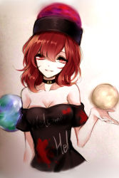 Rule 34 | 1girl, absurdres, bad id, bad pixiv id, bare shoulders, black shirt, breasts, cleavage, clothes writing, collar, collarbone, earth (ornament), grin, head tilt, hecatia lapislazuli, highres, looking at viewer, moon (ornament), off-shoulder shirt, off shoulder, parted lips, red eyes, red hair, sheya, shirt, smile, solo, touhou