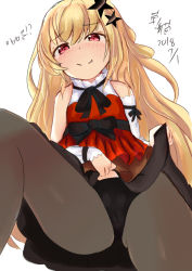 Rule 34 | 1girl, bad id, bad pixiv id, bare shoulders, blonde hair, blush, clothes lift, detached sleeves, fang, girls&#039; frontline, hair ornament, long hair, looking at viewer, m9 (girls&#039; frontline), panties, panties under pantyhose, pantyhose, red eyes, skirt, skirt lift, smile, star (symbol), star hair ornament, underwear, very long hair, zserty555