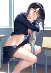 Rule 34 | 1girl, black hair, blush, brown eyes, closed mouth, day, desk, highres, indoors, long hair, looking at viewer, mignon, navel, original, sailor collar, school desk, school uniform, simple background, skirt, smile, solo, stomach, thighs, window