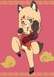 Rule 34 | 1girl, absurdres, animal ear fluff, animal ears, blonde hair, blush, bright pupils, china dress, chinese clothes, cleft of venus, disembodied hand, dress, embarrassed, fighting stance, fox ears, fox tail, furry, highres, kadim, kung fu, long hair, looking at viewer, original, pussy, standing, standing on one leg, sweat, tail, wavy mouth, white pupils