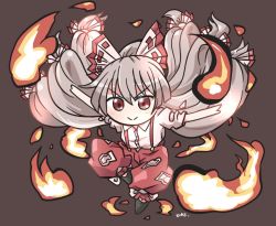 Rule 34 | 1girl, :&gt;, black background, black footwear, bow, closed mouth, collared shirt, commentary, commentary request, fire, fujiwara no mokou, grey hair, hair bow, long hair, looking at viewer, multicolored bow, multiple bows, ofuda, ofuda on clothes, pants, partial commentary, pyrokinesis, red bow, red eyes, red pants, rokugou daisuke, shirt, short sleeves, signature, simple background, smile, solo, suspenders, symbol-only commentary, touhou, v-shaped eyebrows, very long hair, white bow, white shirt