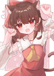 Rule 34 | 1girl, :o, absurdres, animal ear fluff, animal ears, ascot, bow, breasts, brown hair, cat ears, cat tail, detached sleeves, fang, gao, hair between eyes, hair bow, hair tubes, hakurei reimu, hands up, heart, highres, kemonomimi mode, long hair, long sleeves, looking at viewer, naarsann, open mouth, petite, pink background, red eyes, red skirt, red vest, simple background, skirt, skirt set, small breasts, solo, tail, touhou, vest, white background, wide sleeves, yellow ascot