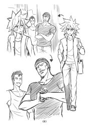 Rule 34 | 3boys, :d, anger vein, bag, beanie, comic, crossed arms, fist in hand, full body, greyscale, hand in pocket, hat, male focus, monochrome, multiple boys, open mouth, original, pants, peach88, satchel, shirt, silent comic, smile, spiked hair, standing, t-shirt, tank top