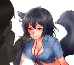 Rule 34 | 10s, 2girls, animal ears, bad id, bad pixiv id, black hair, breasts, brown hair, claws, cleavage, fang, furry, large breasts, long hair, lyca (monster musume), monster girl, monster musume no iru nichijou, monster musume no iru nichijou online, multiple girls, red eyes, shirt, simple background, smile, snout, tail, tana (tana chi35), tied shirt, werewolf, white background, wolf ears, wolf girl, wolf paws, wolf tail