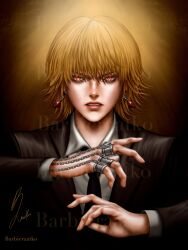 Rule 34 | 1other, androgynous, artist name, barbieraatko, black suit, blonde hair, collared shirt, crystal earrings, earrings, formal, gradient background, highres, hunter x hunter, jewelry, kurapika, long sleeves, looking at viewer, necktie, nen (hunter x hunter), red eyes, ring, shirt, short hair, signature, solo, suit, thumb ring, upper body, watermark, white shirt, yellow background